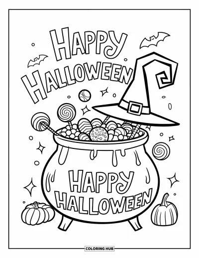 Coloriage « Joyeux Halloween » pour enfants : Un chaudron tourbillonnant avec des bonbons et de la vapeur se dresse sous un texte bouclé 