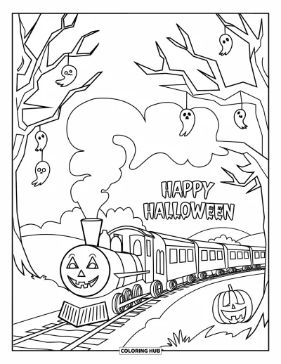 Coloriage « Joyeux Halloween » pour enfants : Un train au visage effrayant avec 