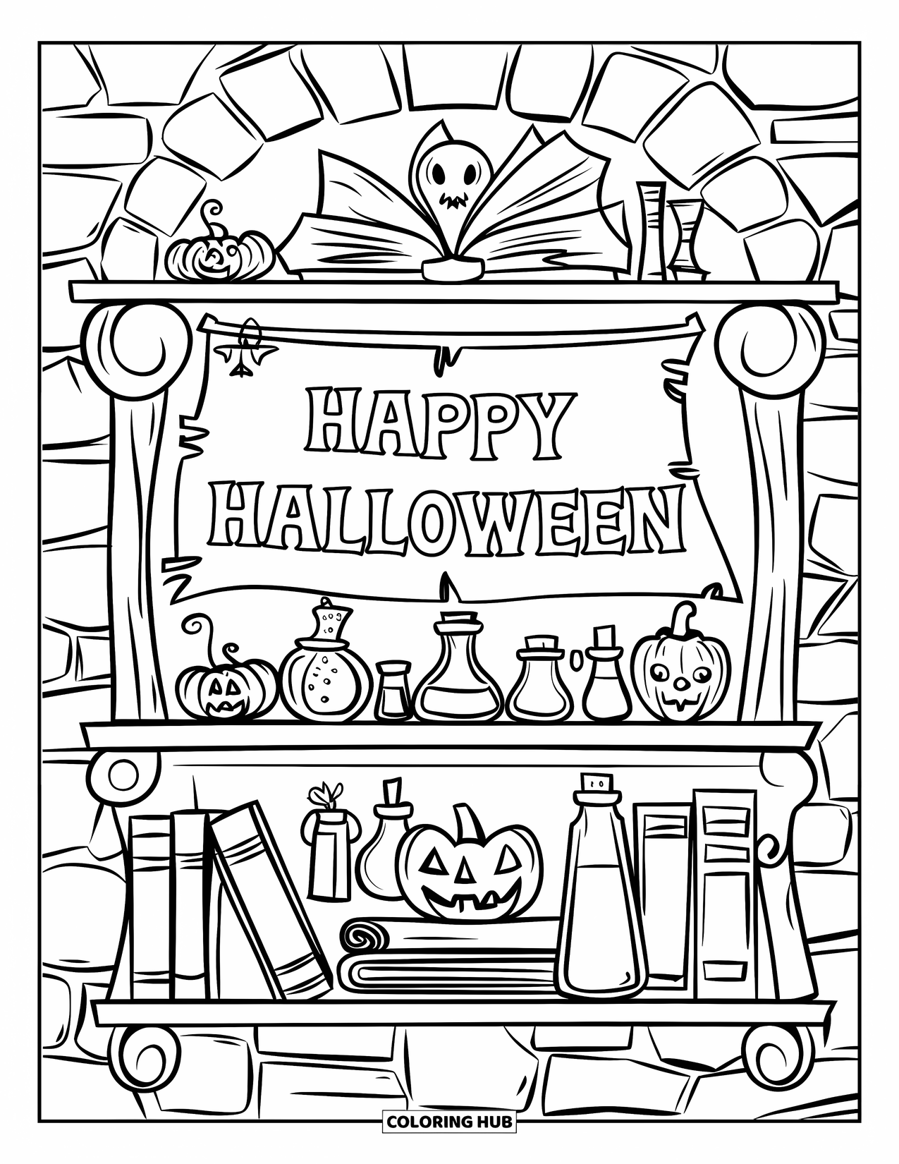 Happy Halloween Coloring Page for Kids: A witch's shelf displays potions, scrolls, and a "Happy Halloween" parchment on a stone wall