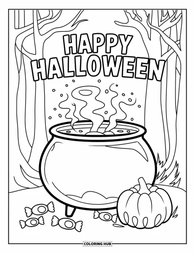 Coloriage « Joyeux Halloween » pour enfants : Un chaudron de sorcière bouillonne près de bonbons dans une forêt d'Halloween sinistre