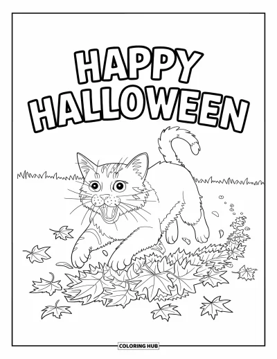 Coloriage « Joyeux Halloween » pour enfants : Un chat bâillant bondit à travers des feuilles éparpillées avec 