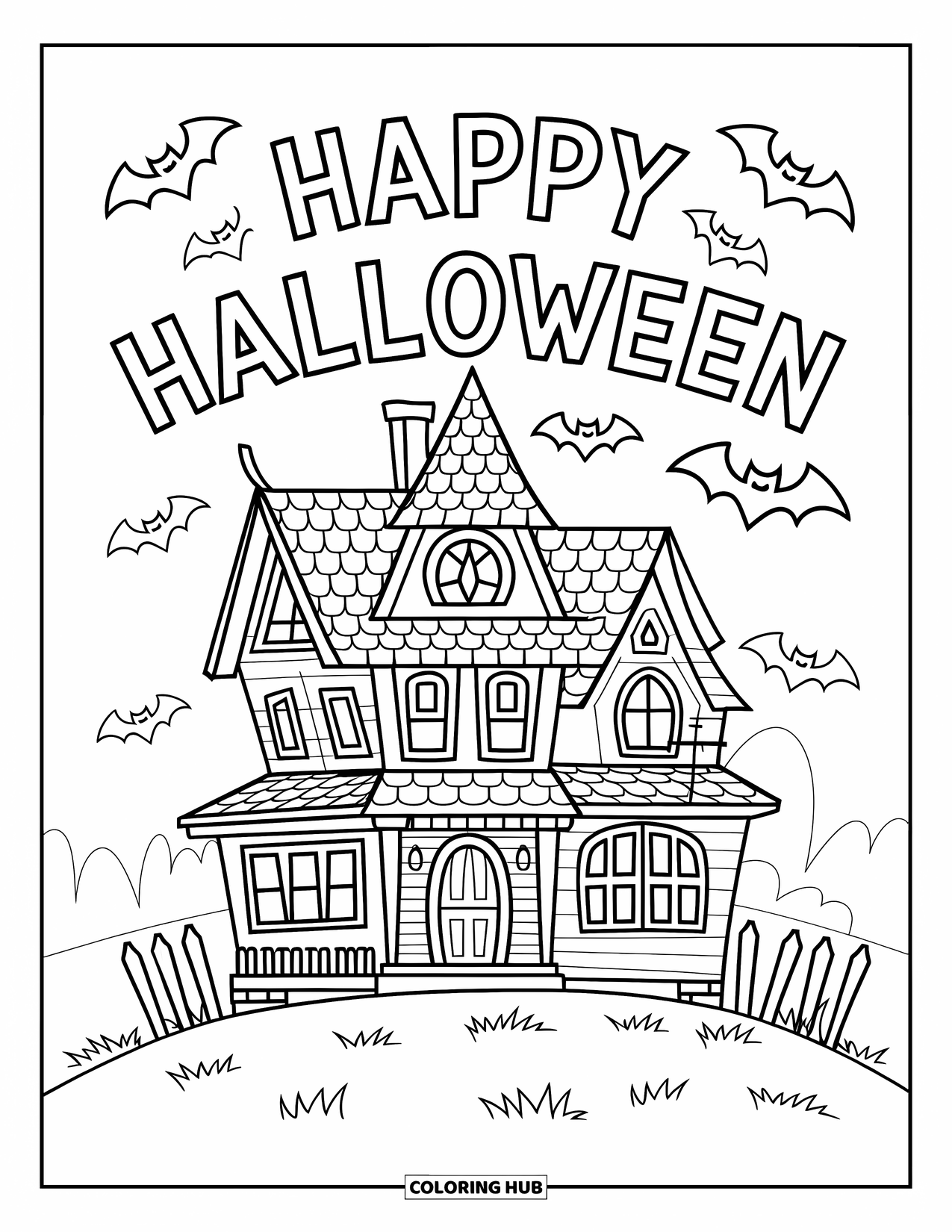 Happy Halloween Coloring Page for Kids: Bats fly around a haunted house with spooky windows and a Halloween greeting