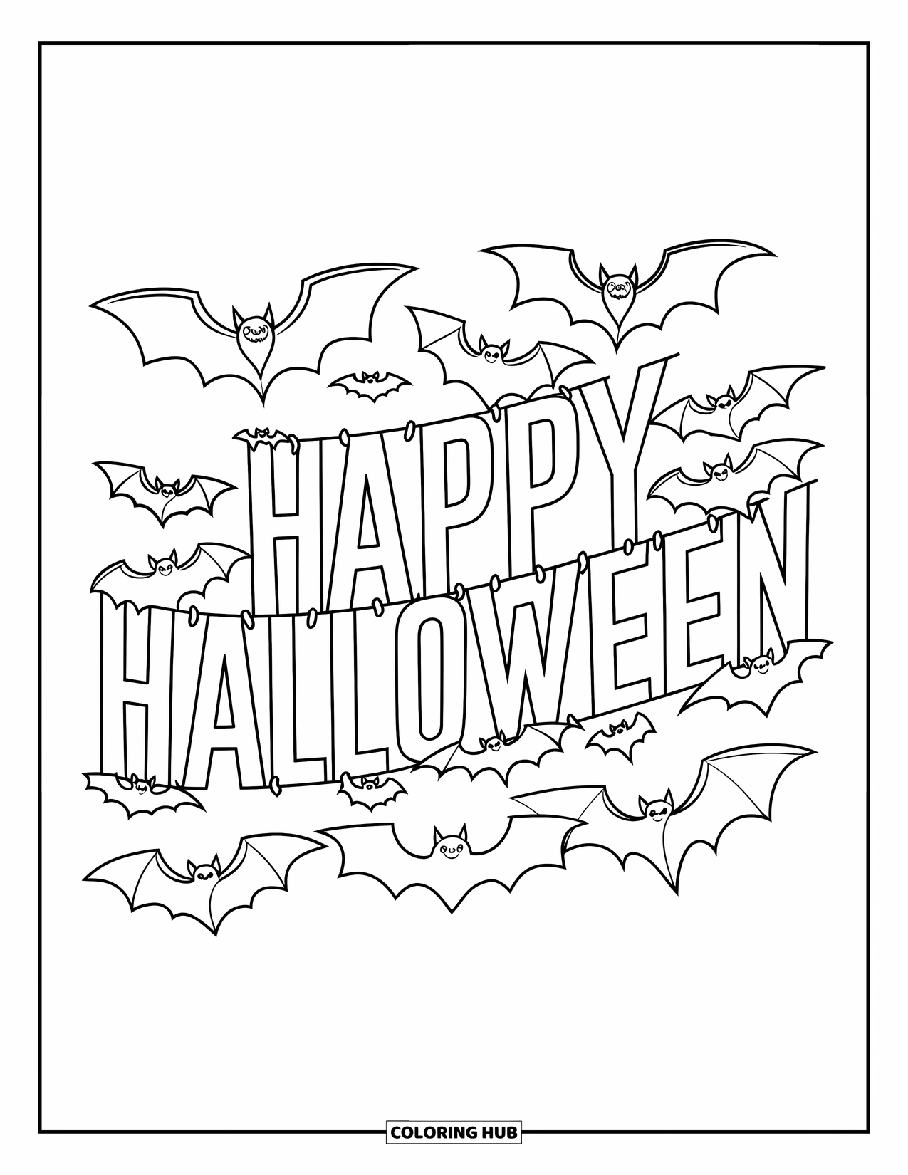 Happy Halloween Coloring Page for Kids: Bats fly around as they shape the words "Happy Halloween" in midair