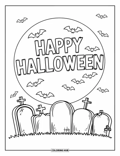 Coloriage « Joyeux Halloween » pour enfants : Des pierres tombales brisées et des chauves-souris entourent 