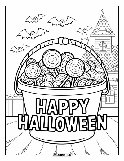 Coloriage « Joyeux Halloween » pour enfants : Des bonbons et des chauves-souris entourent un seau plein sous une maison hantée et un message d'Halloween