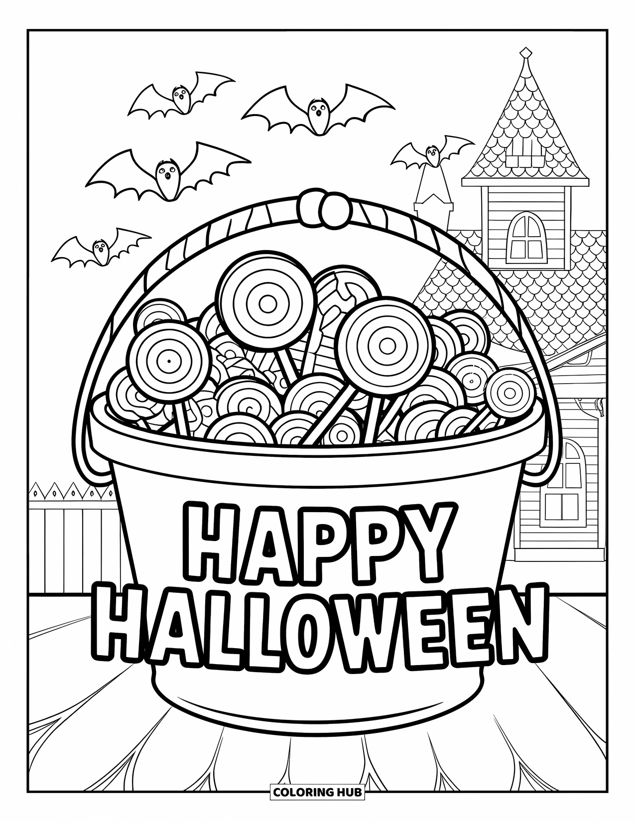 Happy Halloween Coloring Page for Kids: Candy and bats surround a full bucket under a haunted house and Halloween greeting