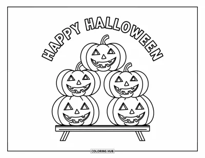 Coloriage « Joyeux Halloween » pour enfants : Des citrouilles grimaçantes s'empilent sous un joyeux message d'Halloween