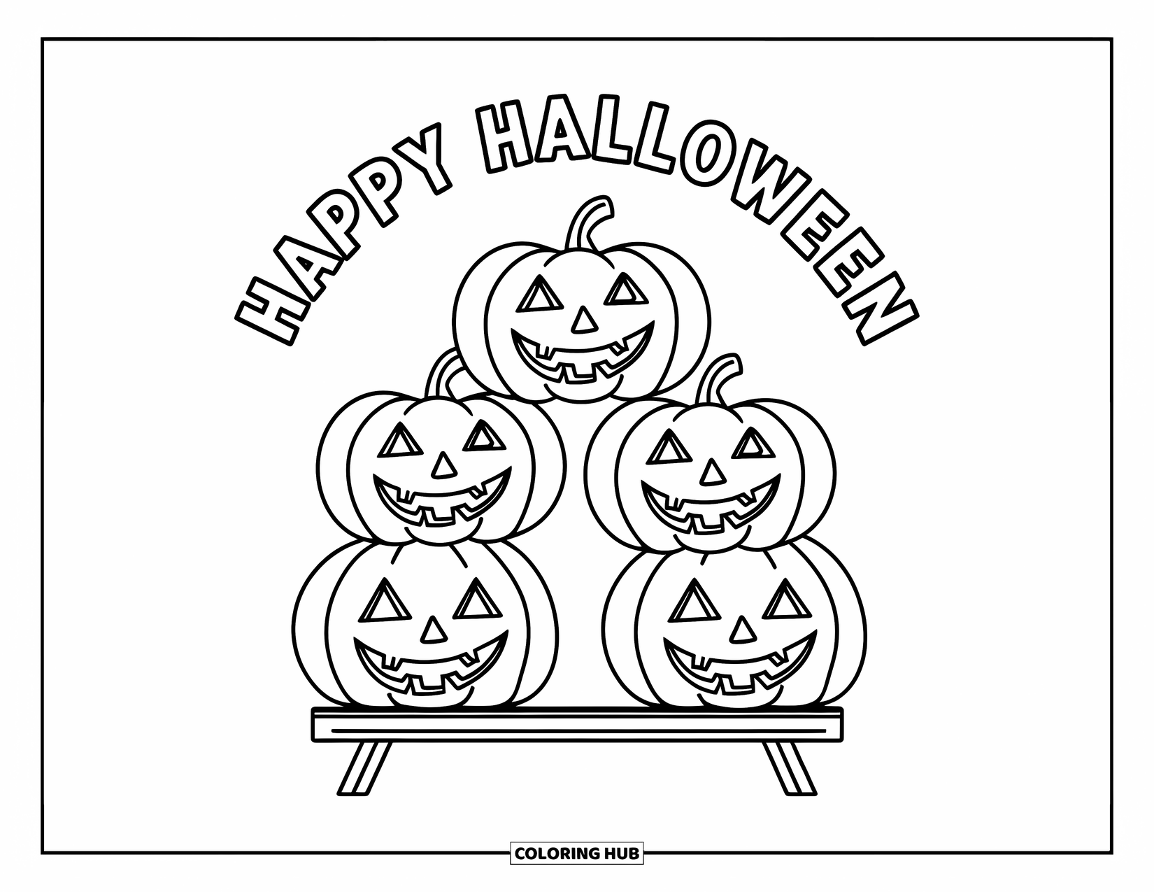 Happy Halloween Coloring Page for Kids: Grinning pumpkins stack up below a cheerful Halloween greeting