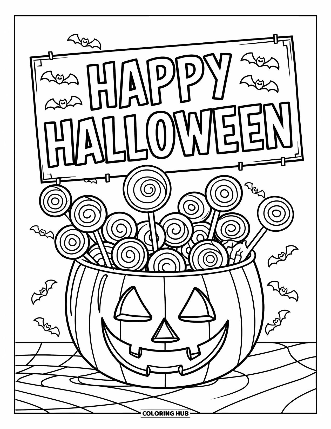 Happy Halloween Coloring Page for Kids: Lollipops spill from a bucket under a "Happy Halloween" sign on a table