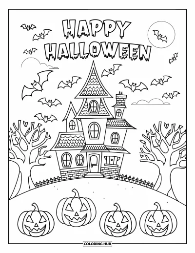 Coloriage « Joyeux Halloween » pour enfants : Des citrouilles et des chauves-souris entourent une maison hantée sur une colline avec 
