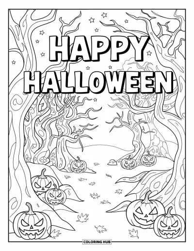 Coloriage « Joyeux Halloween » pour enfants : Des citrouilles et des toiles d'araignée décorent une forêt d'arbres tordus sous une pleine lune brillante