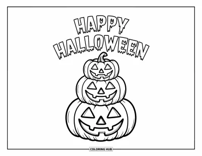 Coloriage « Joyeux Halloween » pour enfants : Des citrouilles aux yeux triangulaires s'empilent sous un panneau d'Halloween effrayant