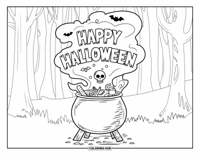 Coloriage « Joyeux Halloween » pour enfants : De la fumée s'élève d'une mixture bouillonnante formant 
