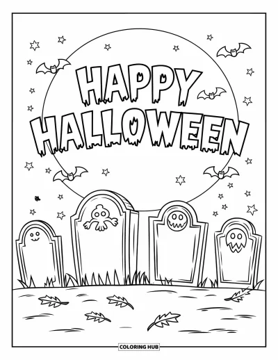 Coloriage « Joyeux Halloween » pour enfants : Des pierres tombales, des chauves-souris et des feuilles plantent le décor d'un message d'Halloween au clair de lune