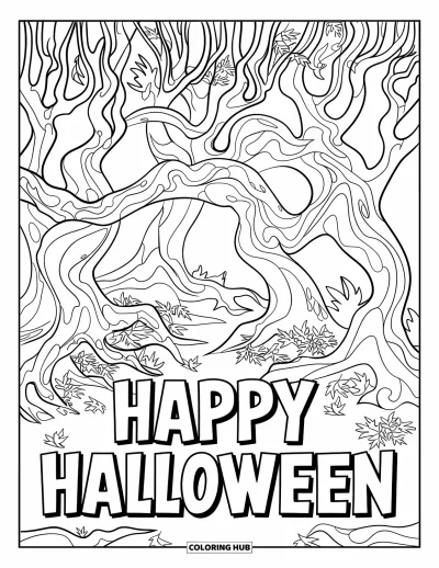 Coloriage « Joyeux Halloween » pour enfants : Des arbres tordus et des feuilles tombées encadrent 