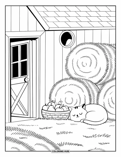 Coloriage de récolte pour adultes : Une grange avec une petite porte, des bottes de foin, un chat endormi, des poires et une fenêtre ronde