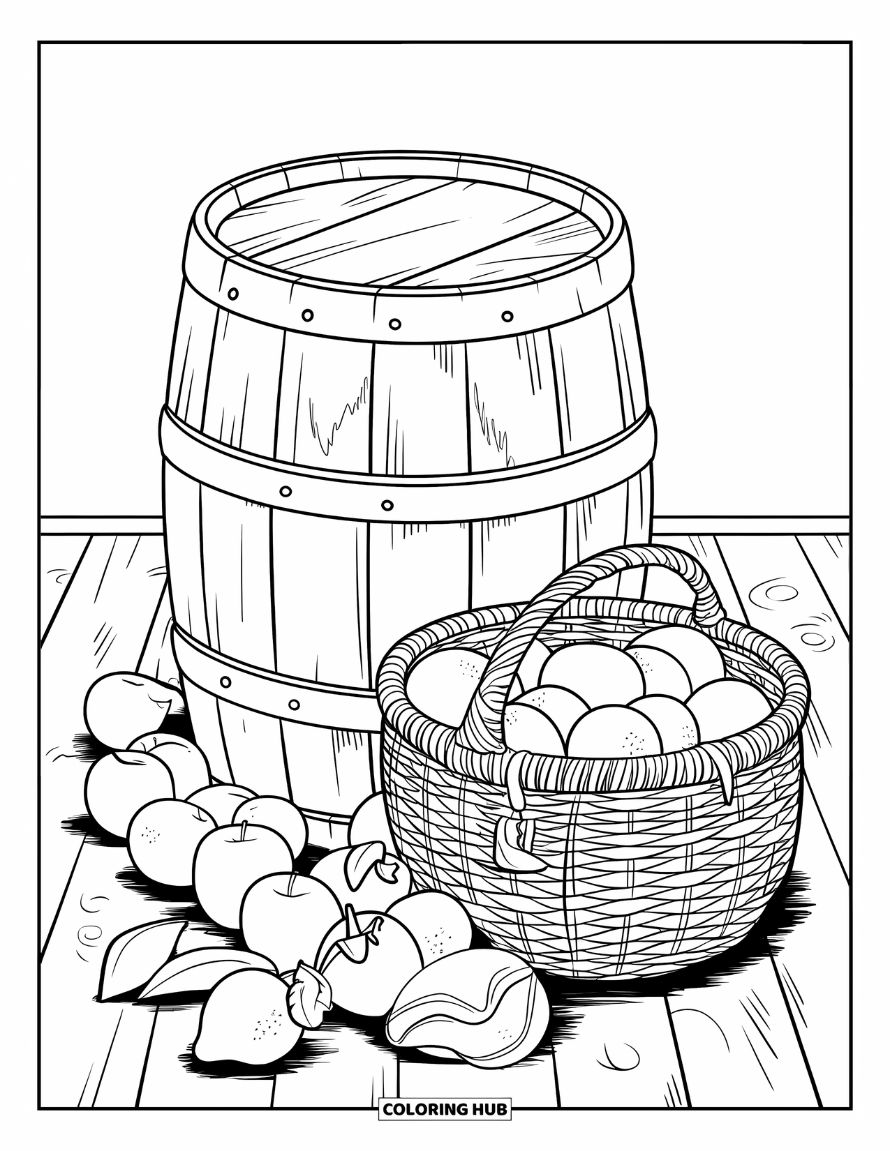 Harvest Coloring Page for Adults: A barrel with fruits and a sturdy harvest basket sits on worn wooden planks