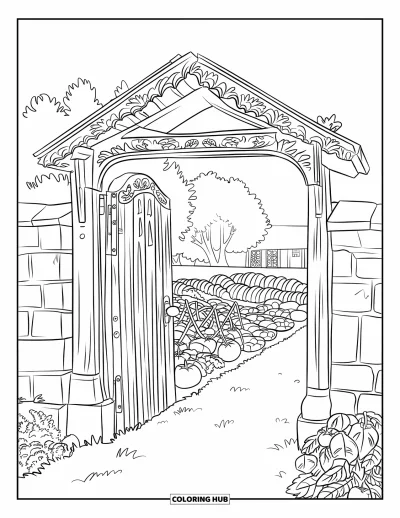 Coloriage de récolte pour adultes : Un portail en bois sculpté ouvre sur un jardin avec des tomates, des poivrons, des aubergines et des arbres