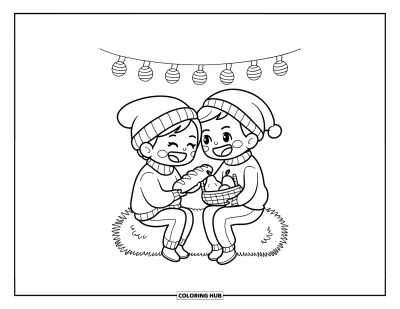 Coloriage de récolte pour adultes : Un joyeux couple chibi partage du pain et des poires sur une botte de foin sous de mignonnes lanternes en papier