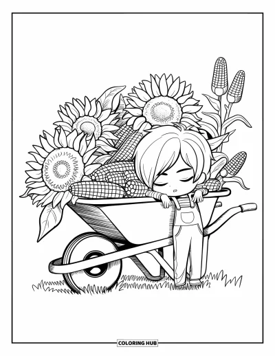 Coloriage de récolte pour adultes : Un petit garçon chibi fait une sieste près d'une brouette remplie de tournesols et de maïs dans un champ verdoyant