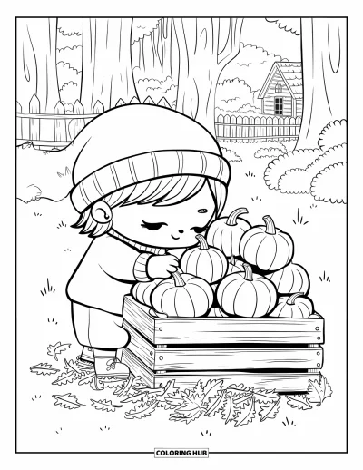 Coloriage de récolte pour adultes : Un enfant chibi avec un bonnet tricoté empile des courges dans une caisse près d'arbres et d'un cottage