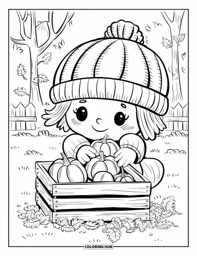 Coloriage de récolte pour adultes : Un enfant chibi avec un bonnet tricoté empile des courges dans une caisse avec des arbres et une clôture derrière