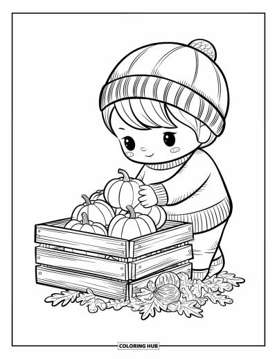 Coloriage de récolte pour adultes : Un enfant chibi avec un bonnet tricoté empile de petites courges dans une caisse près de feuilles craquantes