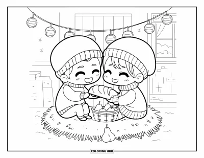 Coloriage de récolte pour adultes : Un couple chibi en pull est assis sur une botte de foin partageant du pain et des poires dans une pièce chaleureuse