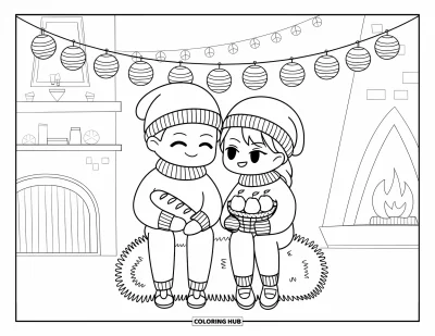 Coloriage de récolte pour adultes : Un couple chibi avec du pain et des poires assis sur une botte de foin sous des lanternes près d'une cheminée