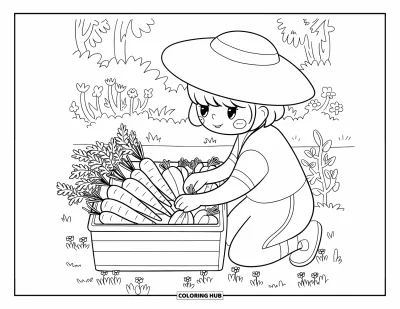 Coloriage de récolte pour adultes : Un jardinier chibi avec un grand chapeau attache des carottes et des courges près d'une caisse dans un jardin