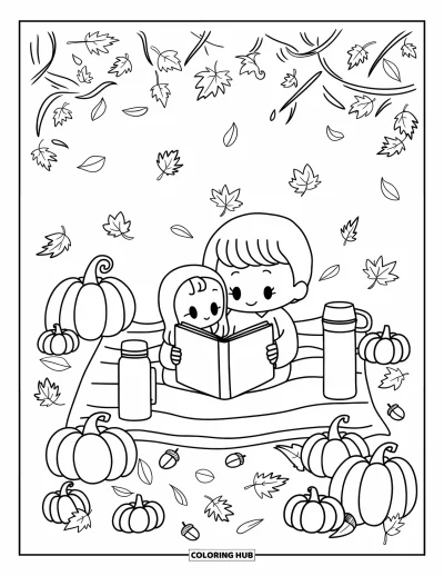 Coloriage de récolte pour adultes : Un parent et un enfant chibi lisent sur une couverture avec des citrouilles et des glands sous des feuilles qui tombent
