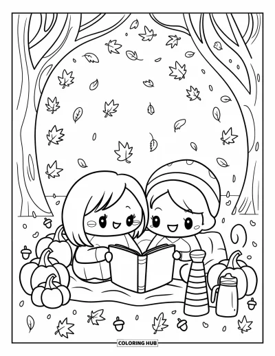 Coloriage de récolte pour adultes : Un parent et un enfant chibi lisent ensemble sur une couverture avec des citrouilles et des glands