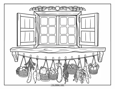 Coloriage de récolte pour adultes : Une fenêtre de ferme avec des paniers de légumes et des herbes suspendues sous une poutre rustique