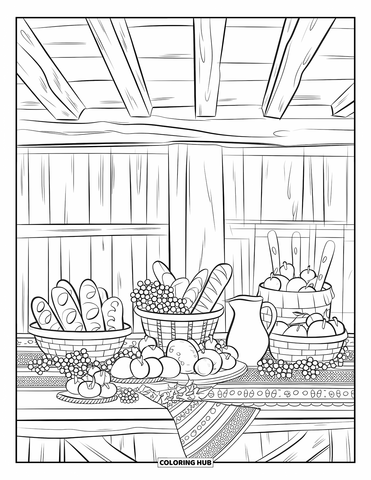 Harvest Coloring Page for Adults: A harvest table holds bread, fruit, a pitcher, plates, and a patterned cloth