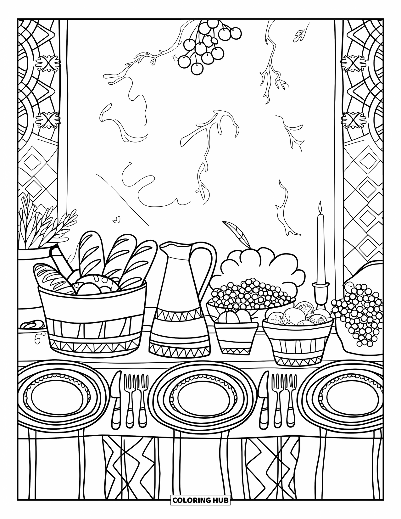 Harvest Coloring Page for Adults: A harvest table set with bread, fruit, a pitcher, plates, and a candle