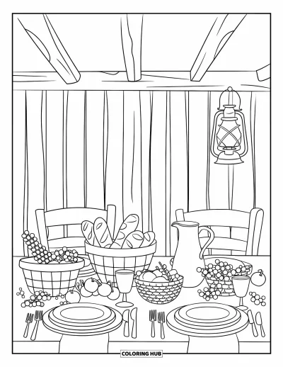Coloriage de récolte pour adultes : Une table de récolte avec des paniers de pain, des fruits, une cruche, des poutres en bois et une lanterne