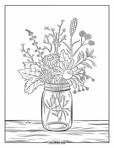 Coloriage de récolte pour adultes : Un bocal en verre avec des fleurs sauvages et des capsules de graines posé sur des planches de bois craquelées