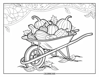 Coloriage de récolte pour adultes : Une brouette rustique remplie de courges et de calebasses sur de la terre avec des feuilles tombées