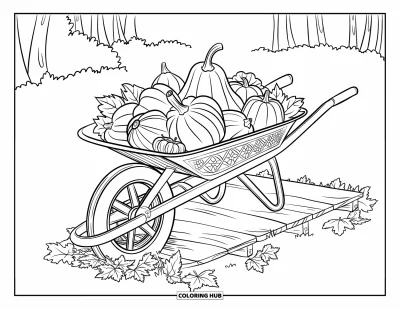 Coloriage de récolte pour adultes : Une brouette rustique pleine de courges et de calebasses sur des planches avec des feuilles tombées