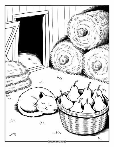 Coloriage de récolte pour adultes : Un chat somnolent lové près de bottes de foin et d'un panier de poires devant une porte de grange