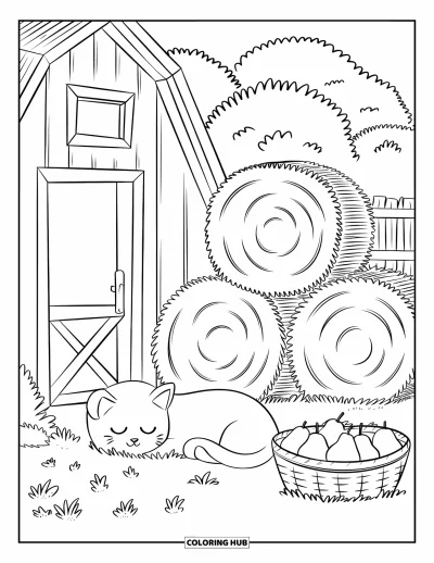 Coloriage de récolte pour adultes : Un chat endormi repose près de bottes de foin et d'un panier de poires dans une grange avec des arbres