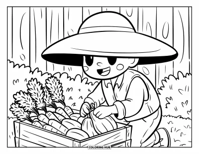 Coloriage de récolte pour adultes : Un jardinier chibi souriant s'agenouille près d'une caisse et attache des carottes et des courges près d'une clôture en bois