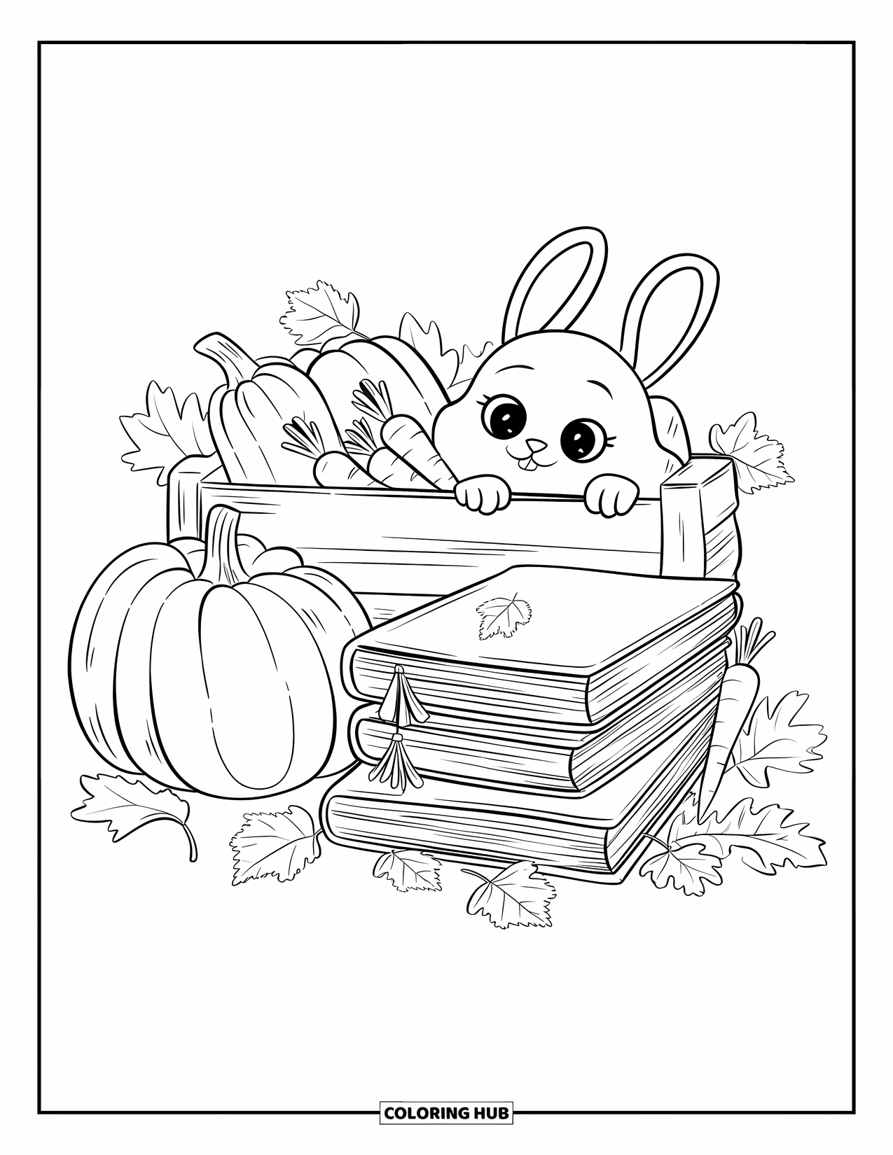 Harvest Coloring Page for Adults: A tiny stack of books sits by a crate of squash and carrots with a curious bunny