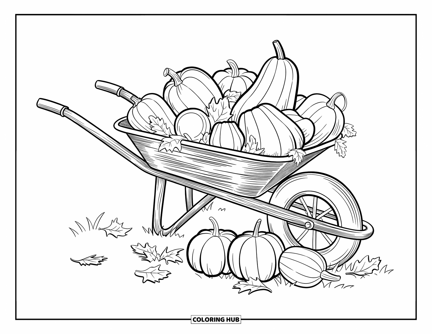 Harvest Coloring Page for Adults: A vintage wheelbarrow packed with squash and gourds rests among scattered leaves