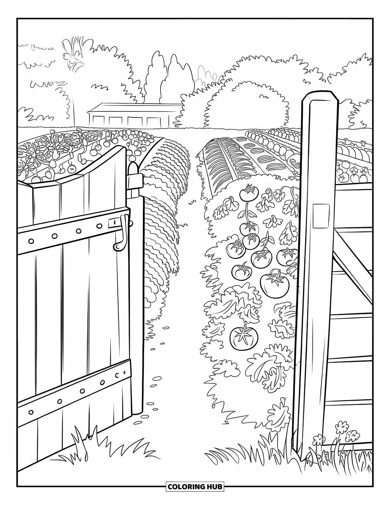 Harvest Coloring Page for Adults: A wooden gate slightly open shows tomatoes, peppers, cucumbers, flowers, and trees