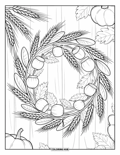 Coloriage de récolte pour adultes : Une couronne de tiges de blé, de glands, de petites citrouilles et de feuilles sur du bois