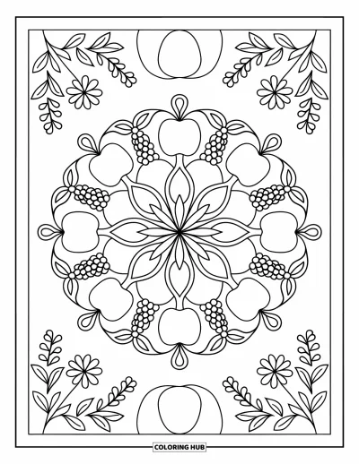 Coloriage de récolte pour adultes : Des pommes, des poires et des raisins forment un mandala entouré de feuilles, de vrilles et de fleurs