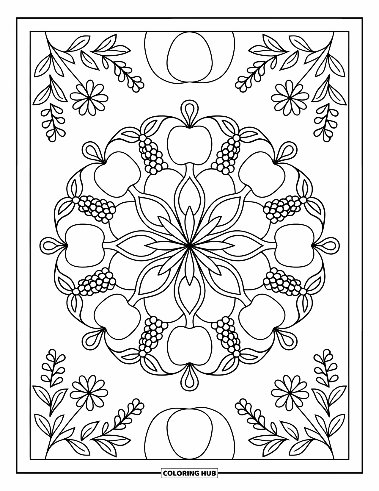 Harvest Coloring Page for Adults: Apples, pears, grapes form a mandala surrounded by leaves, vines, and flowers