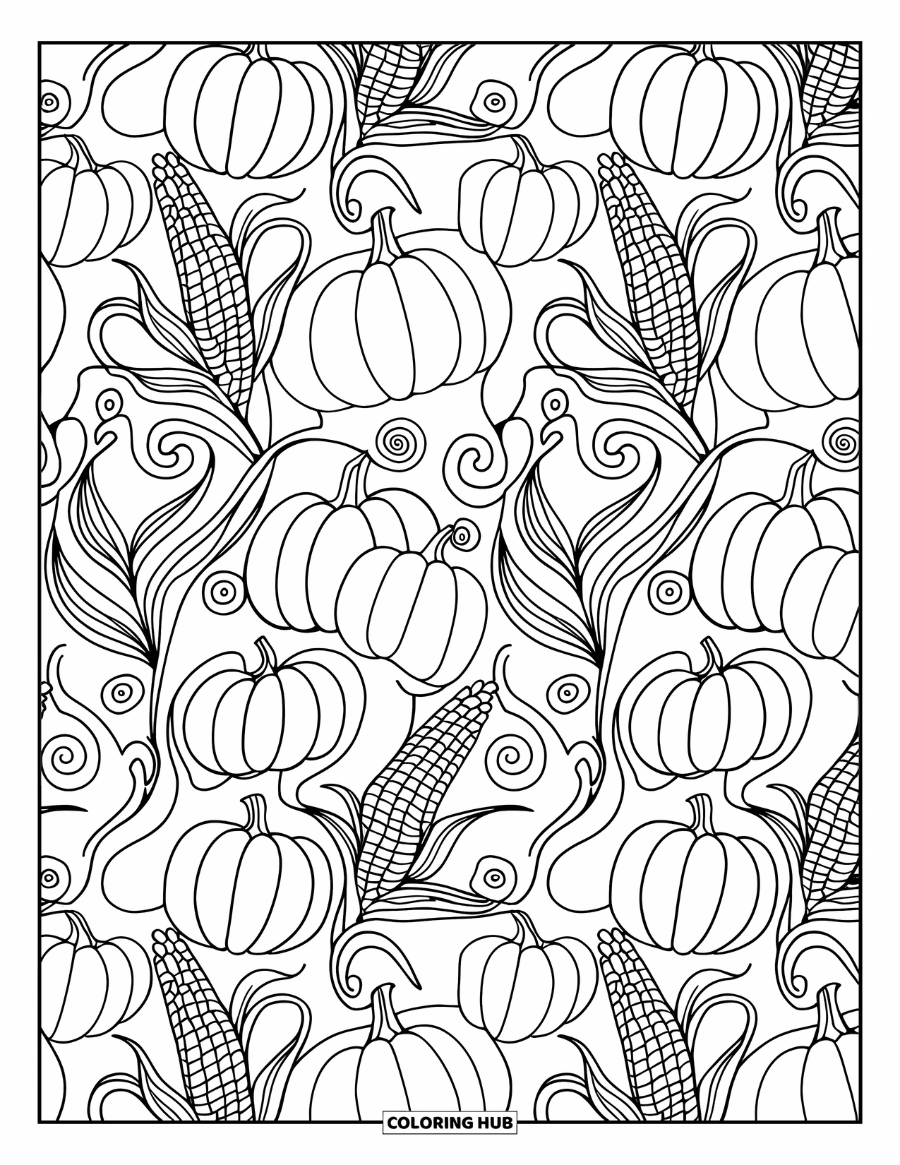 Harvest Coloring Page for Adults: Layered pattern of pumpkins, corn stalks, and swirling vines for a calming design