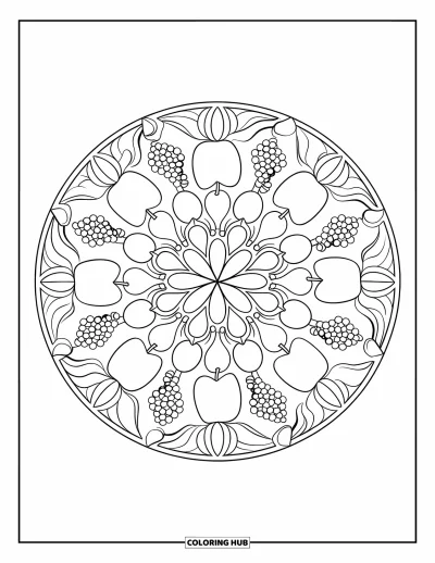 Coloriage de récolte pour adultes : Motif en mandala de pommes, poires et raisins encadré d'une bordure décorative